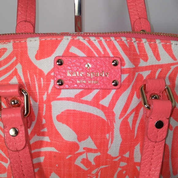 RARE Kate Spade Genuine Leather Pink & White Canvas Palm Tree Satchel Cr… - Picture 3 of 16